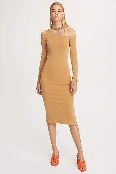Perspective Φόρεμα Kady Slim Fit One Shoulder Midi Tan Color Φόρεμα