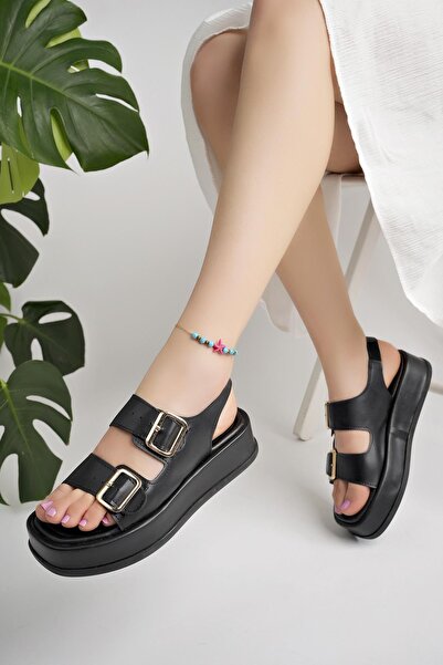 MUGGO Wanda Wedge Heeled Double Banded Buckle Detailed Elastic Women's Sandals
