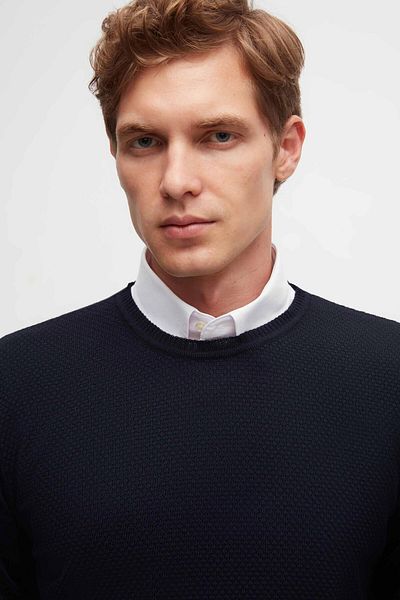 D'S Damat Тъмносин оризов плетен вълнен пуловер Ds Groom Regular Fit