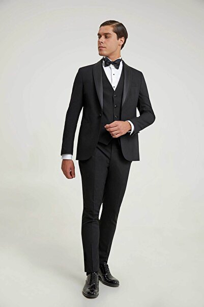 Twn Slim Fit Siyah Düz Damatlık & Smokin Yelekli Takim Elbise