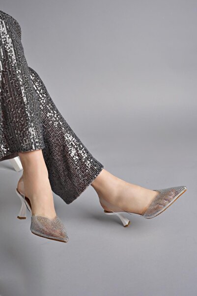 MUGGO JULIET Garantat pentru femei, cu vârf ascuțit, cu strasuri strălucitoare, cu bandă transparentă, cu toc