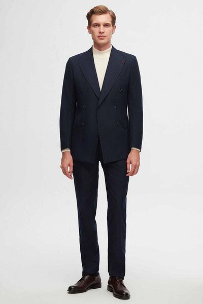 D'S Damat Navy Blue Striped Viscose Double BreastedSlimFit Suit