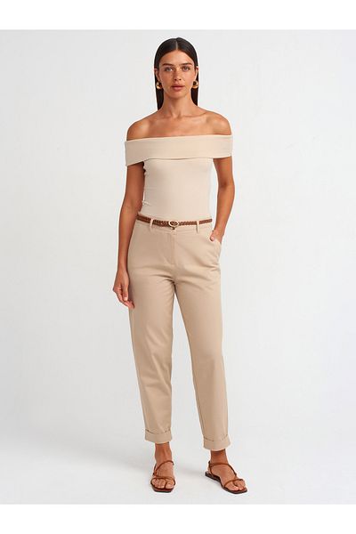Dilvin 71531 Camel Colored Knitted Belted Chino Pants