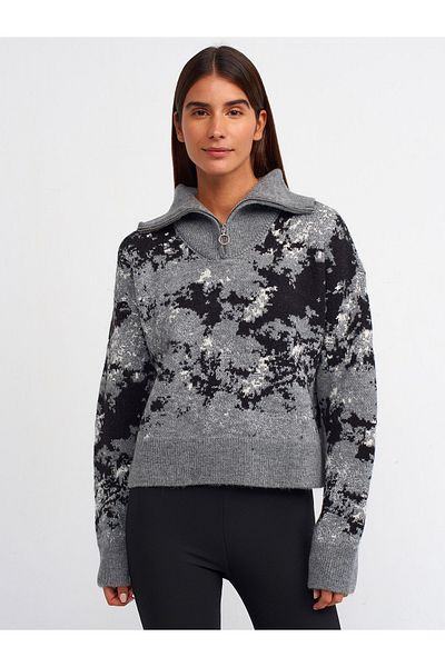 Dilvin 10467 Zippered Trucker Collar Glitter Sweater-medium Gray