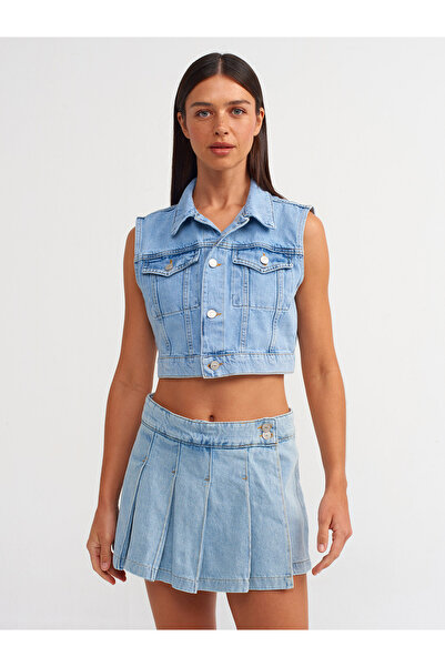 Dilvin 71501 Önü Pileli Denim Şort Etek-Mavi