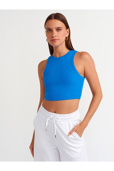 Dilvin 20820 Crop Top-Sax με εφέ ραφής