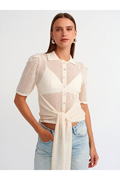 Dilvin 60240 Polo Collar Knitwear Cardigan - Buttoned and Openwork Lacing Detail, Ecru