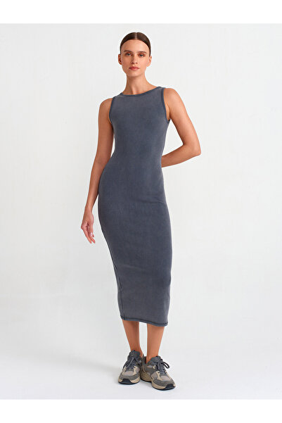 Dilvin 90891 Washing Effect Αμάνικο Μακρύ Φόρεμα-Ανθρακί