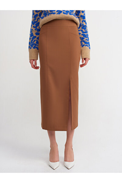Dilvin 80806 Yırtmaçlı Kalem Etek-Koyu Camel