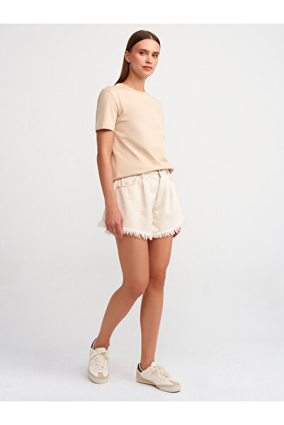 Dilvin 31069 Ανοιχτό μπεζ βαμβακερό μπλουζάκι με λαιμόκοψη