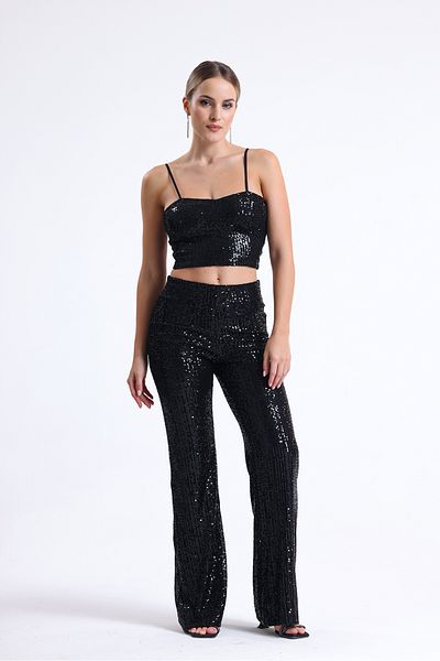 Sense Lined Elastic Waist Sequin Evening Dress Trousers |   Pnt35233 Black