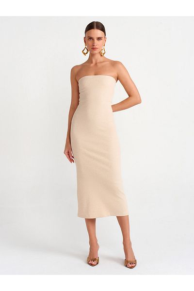 Dilvin 91127 Strapless Midi Dress-Beige Melange