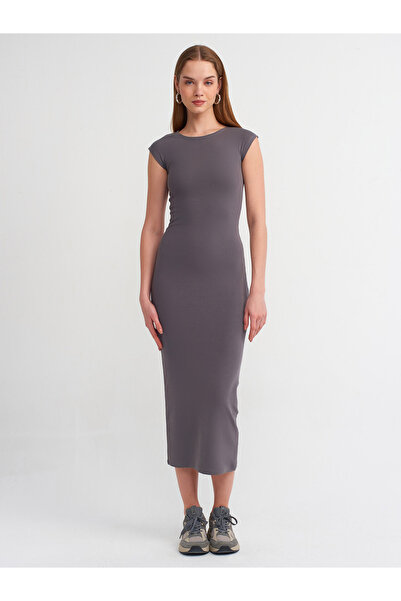 Dilvin 91097 Vücuda Oturan Elbise-Füme