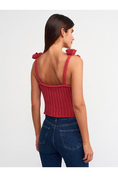 Dilvin 10524 Strappy Handcrafted Flower Detailed Knitwear Top-Red