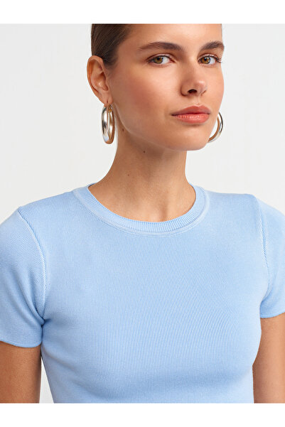 Dilvin 10357 Pulover crop cu mânecă scurtă cu decolteu-albastru