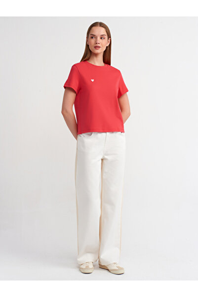 Dilvin 30584 Crew Neck Cotton T-shirt-A.Red