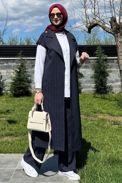 Rabia Şamlı Navy Blue Striped Epaulettes Set