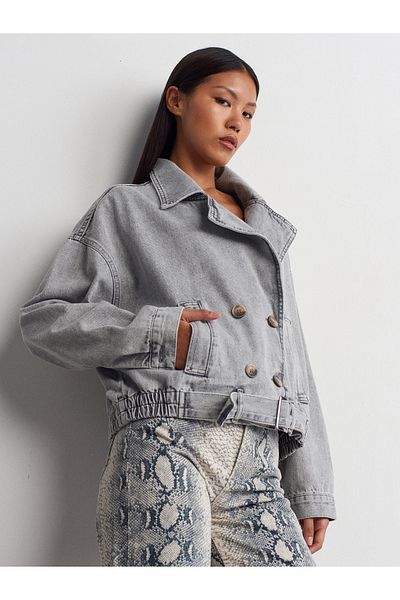 Dilvin 65354 Model Palton gri din denim - Design cu nasturi