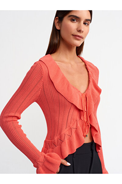 Dilvin 60220 Frilly Lace-up Knitwear Cardigan-Red