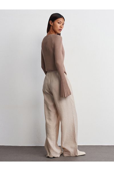 Dilvin 71515 Stone Colored Draped Trousers with Elastic Waist