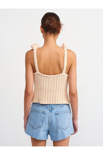 Dilvin 10524 Handcrafted Floral Detailed Knitwear Top with Straps-Natural
