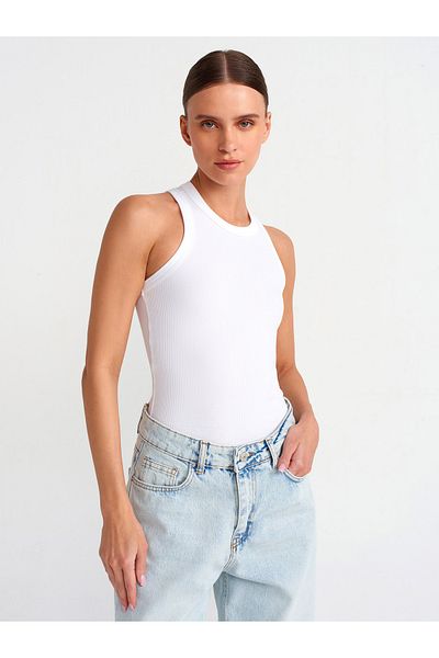 Dilvin 20842 Model Halter Collar White Corded Tank Top