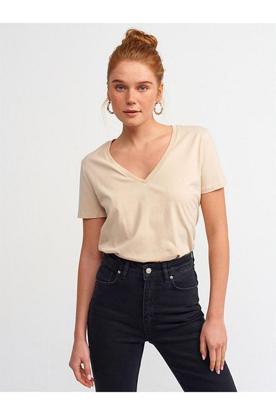 Dilvin Beige 3470 CollarBasicT-shirt