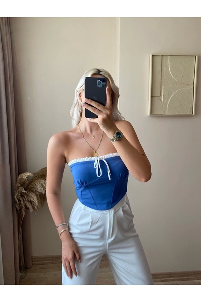 Zora Butik Bağlamalı Straplez Crop-Gök Mavisi