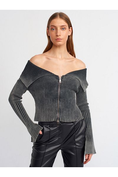 Dilvin 60206 Pale Effect Sleeve Slit Detailed Zippered Knitwear Cardigan-Anthracite
