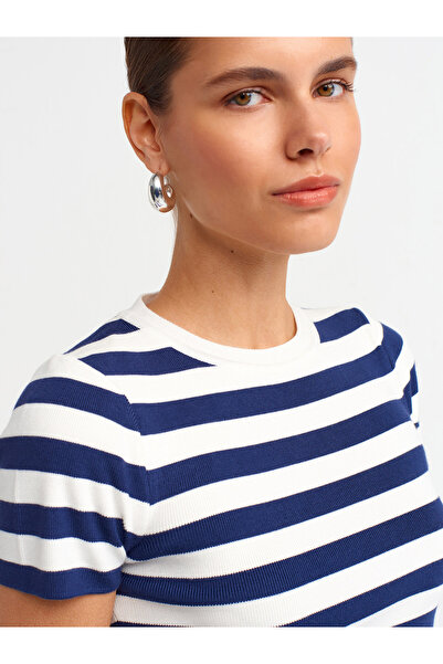 Dilvin 10398 Ecru-Navy Crop πουλόβερ - Crew λαιμόκοψη, ριγέ, κοντό μανίκι