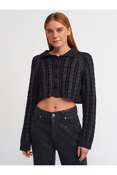Dilvin 60203 Cardigan de tricotaj cu sclipici cu nasturi guler polo-Negru-G