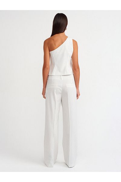 Dilvin 71519 Mid Waist White Striped Classic Trousers