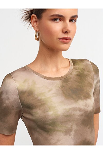 Dilvin 90186 Crew Neck Short Sleeve Printed Knitwear Dress-Khaki