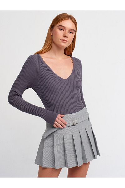 Dilvin 10504 Pulover cu coaste cu decolteu în V-afumat