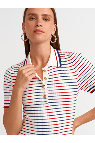 Dilvin 90218 Ecru Polo Collar Striped Knitwear Dress