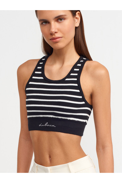 Dilvin 10374 Ριγέ Πλεκτά Crop-μαύρο-εκρού