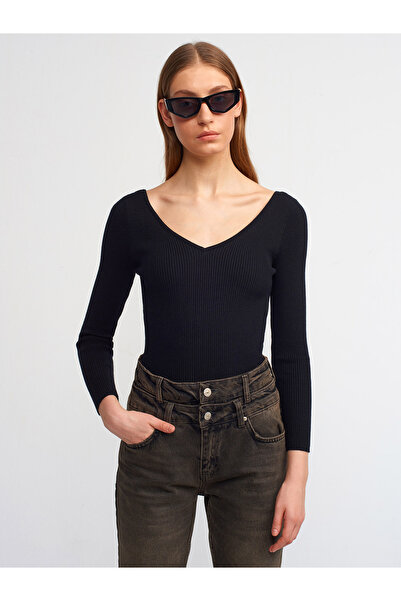 Dilvin 10512 Pulover cu decolteu în V cu cord în față și în spate-negru