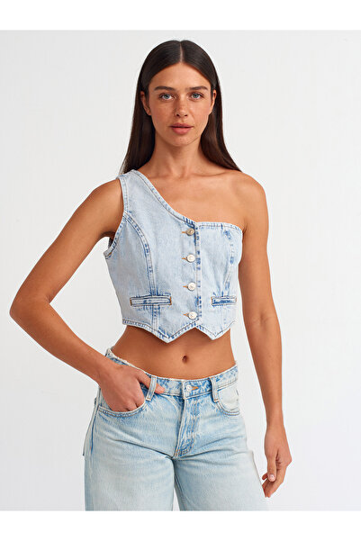 Dilvin 50734 Tek Omuzlu Denim Yelek-mavi