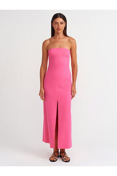 Dilvin 90758 Rochie fără bretele cu fantă - Roz elegant