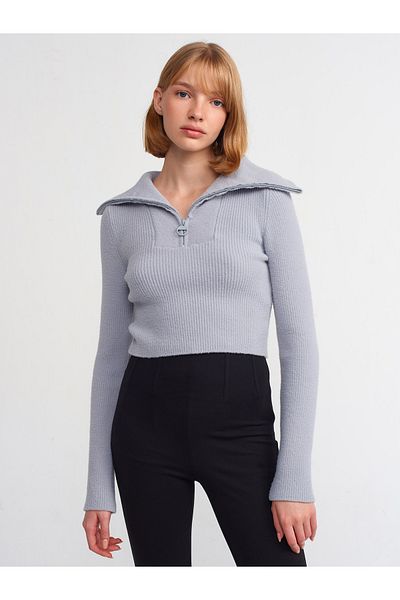 Dilvin 10299 Trucker Neck Ribbed Short Sweater-Grey