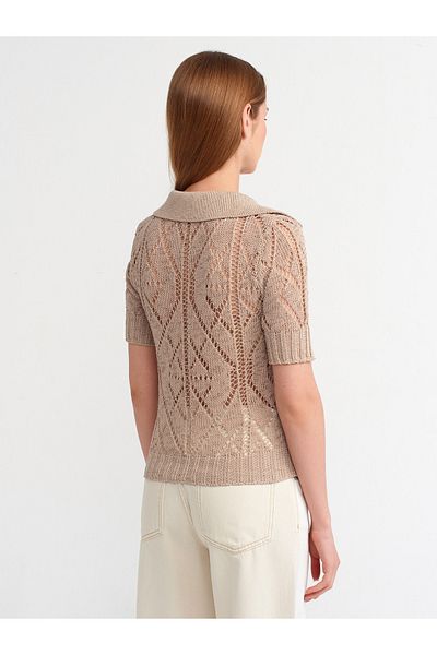 Dilvin 10565 Guler polo Pulover tricotaj ajurat-bej