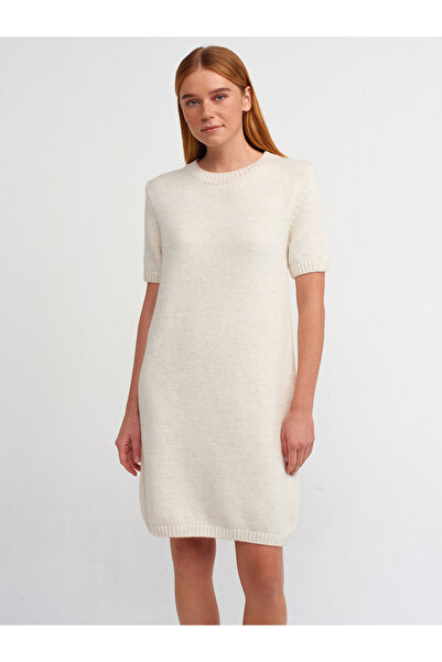 Dilvin 90169 Rochie din tricot cu maneci scurte cu decolteu crew-Ecru