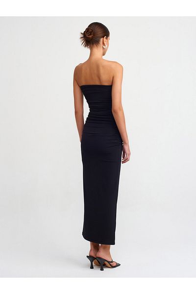 Dilvin 90865 Rochie midi drapată fără bretele-neagră