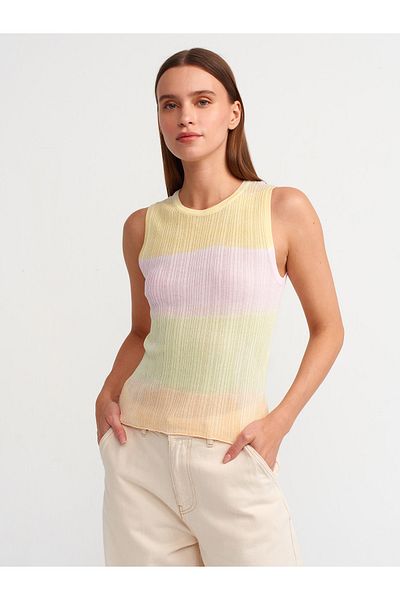 Dilvin 10569 Multi - Crew Neck Ribbed Tie-Dye Knitwear Blouse