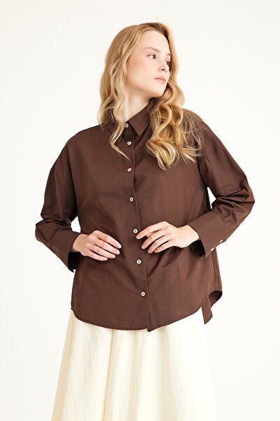 QANU Κοντό πουκάμισο από καφέ ποπλίνα