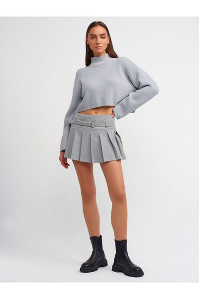 Dilvin 10483 Soft Textured Stand-up Collar Crop Sweater-Grey
