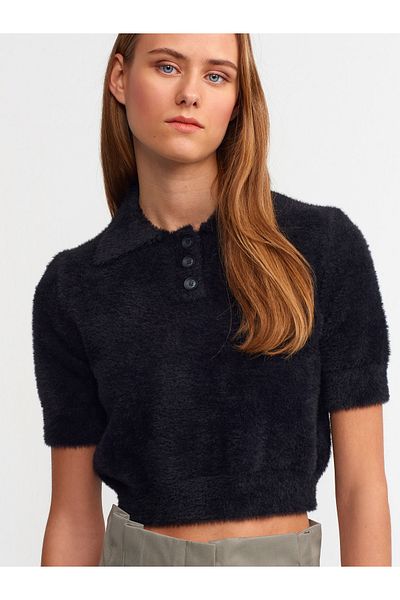 Dilvin 10475 Pulover crop cu textura moale cu nasturi cu guler polo-negru