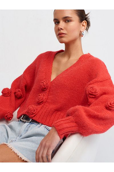 Dilvin 60216 Model V-neck Rose Embroidered Balloon Sleeve Knitwear Cardigan - Red