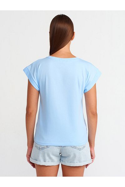 Dilvin Model 3504 - Tricou din bumbac albastru deschis cu decolteu rotund