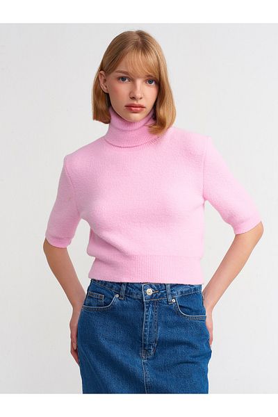 Dilvin 10480 Model Roz Pulover cu gât complet cu textura moale